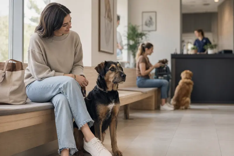Ein Alaunt Hund sitzt entspannt neben seinem Besitzer in einem modernen, hellen Wartezimmer einer Tierarztpraxis.